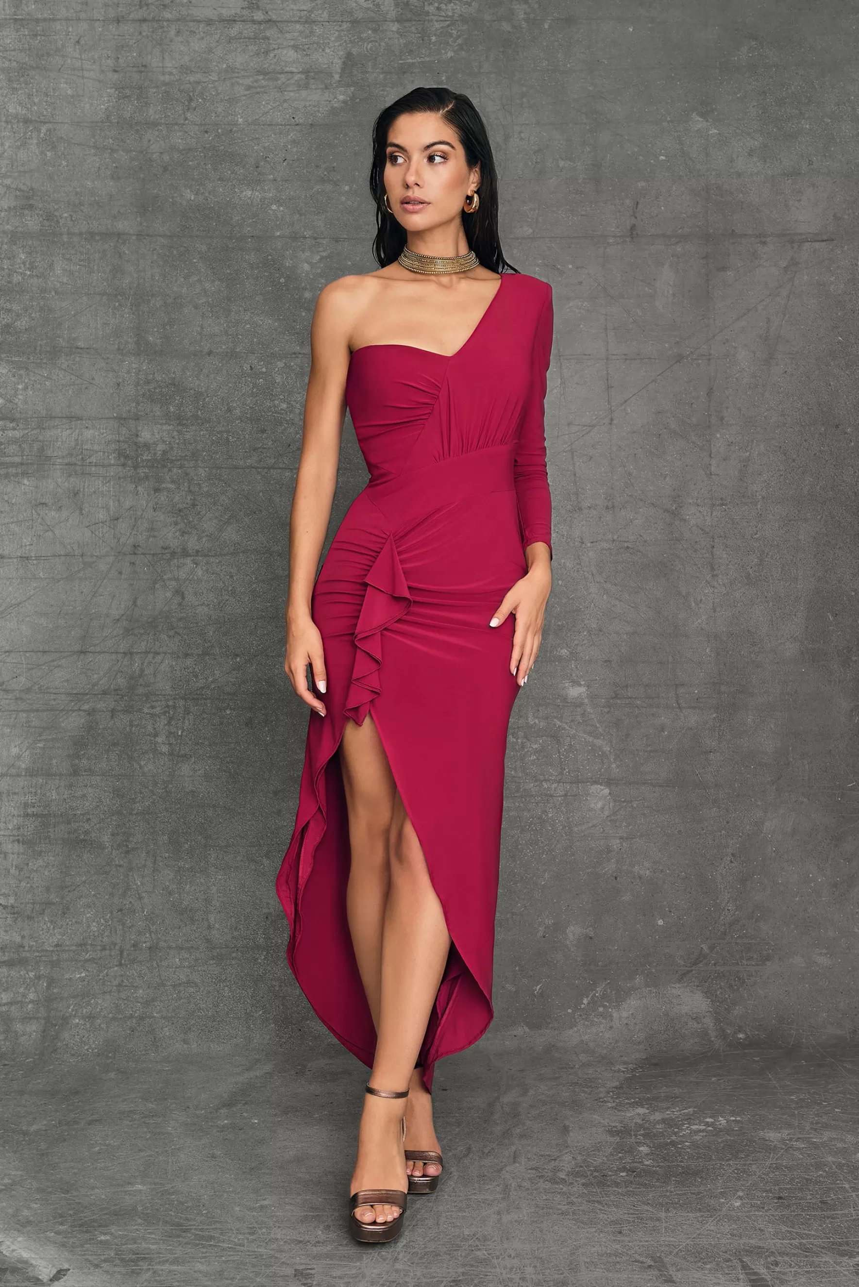 Miphai Vestido Asimétrico Amara Granate Discount