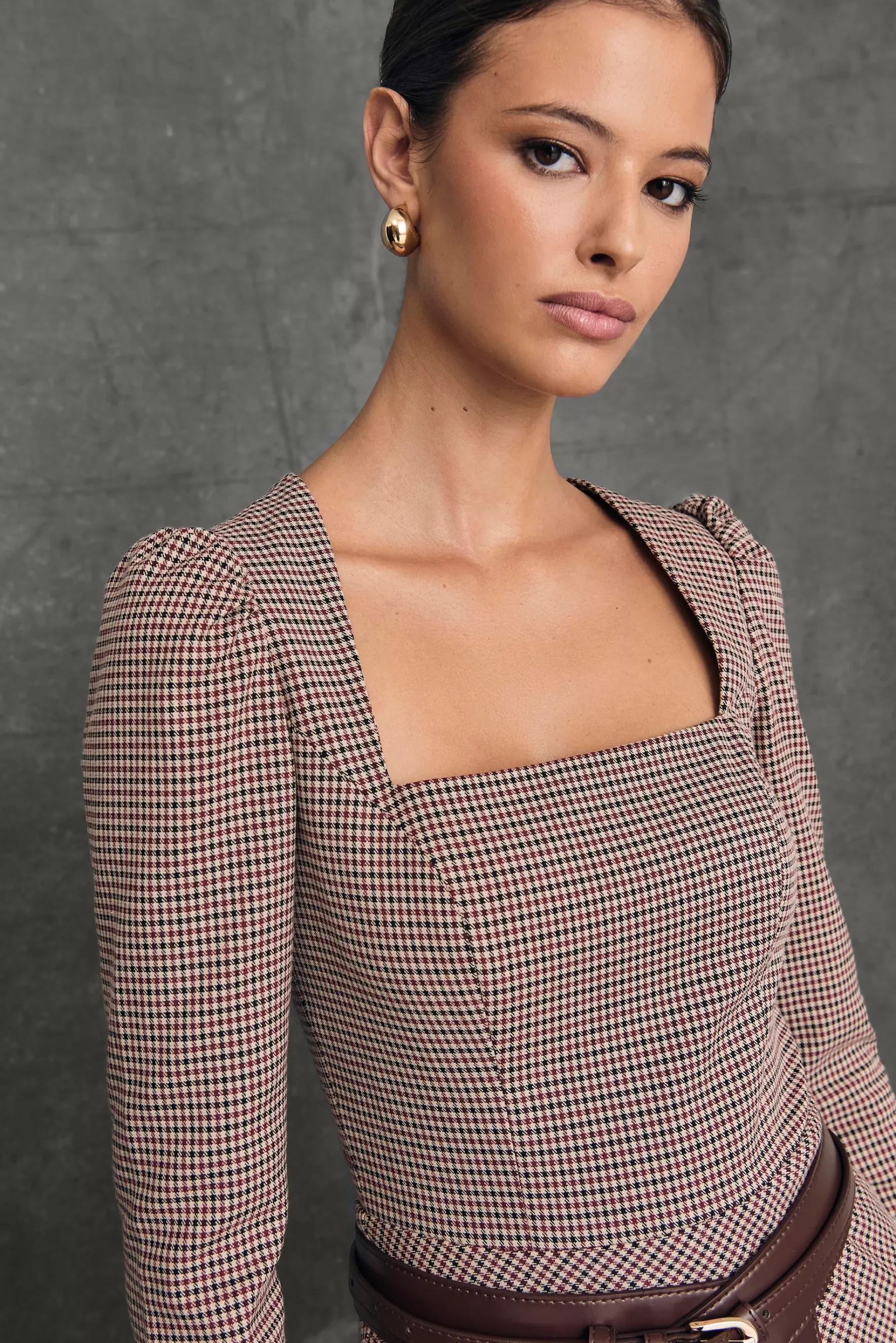Miphai Vestido Midi Oxford Vichy Burdeos Outlet