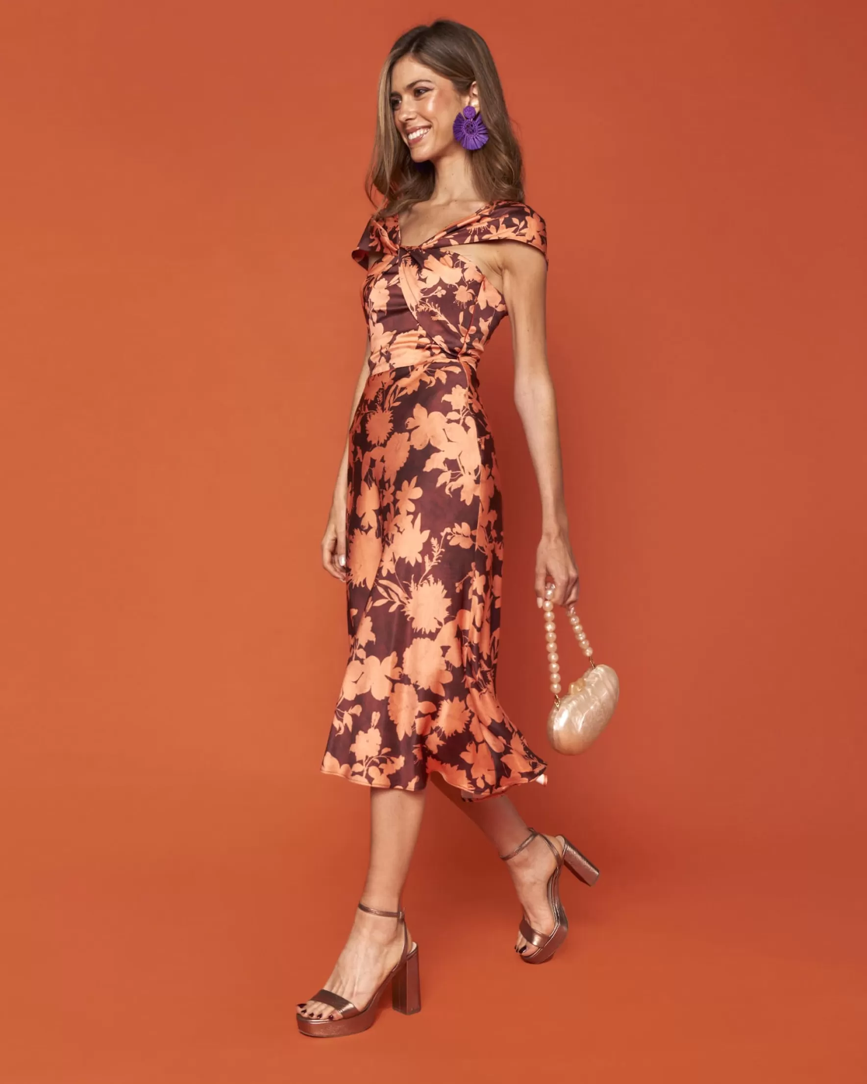 Miphai Vestido Reme Floral Naranja Flash Sale